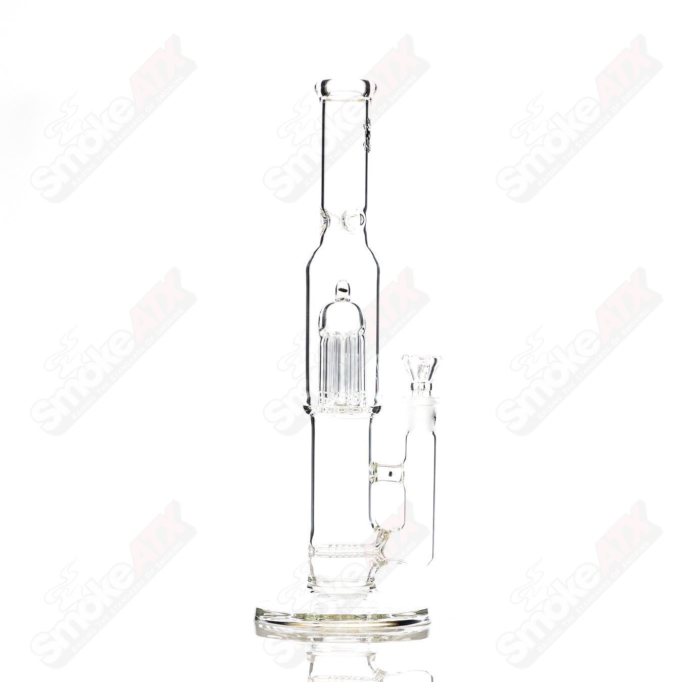 16-inch clear glass Texas Tubes dual stemline to 8-arm percolator straight tube with 18mm joint opening.