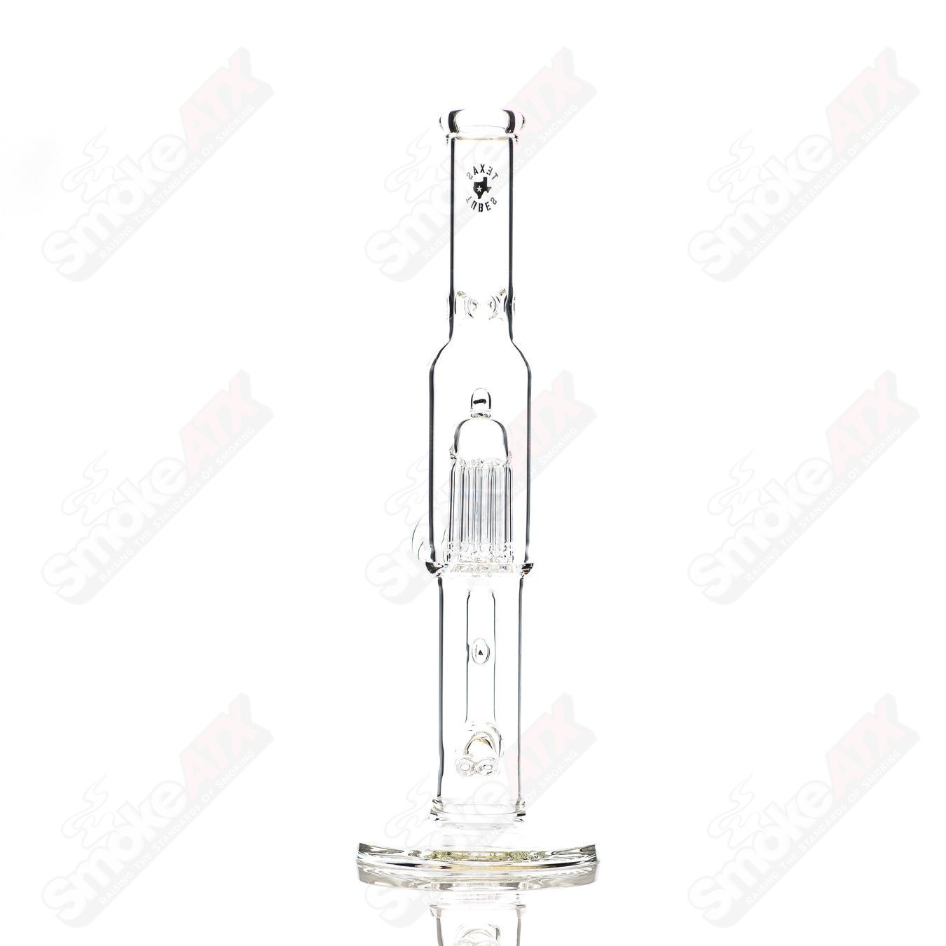 Clear 16-inch 18mm dual stemline to 8-arm Texas Tubes glass straight bong showing the intricate glass design and multiple chambers.