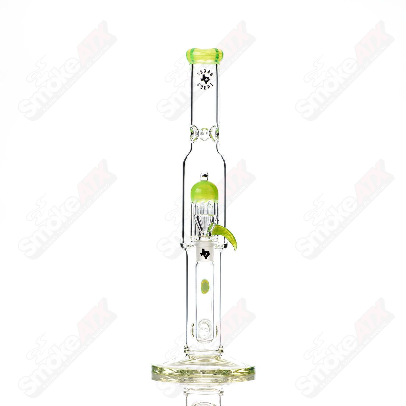 16-inch Texas Tubes glass straight tube with 18mm dual stemline and 8-arm green Slyme design, featuring intricate glasswork.