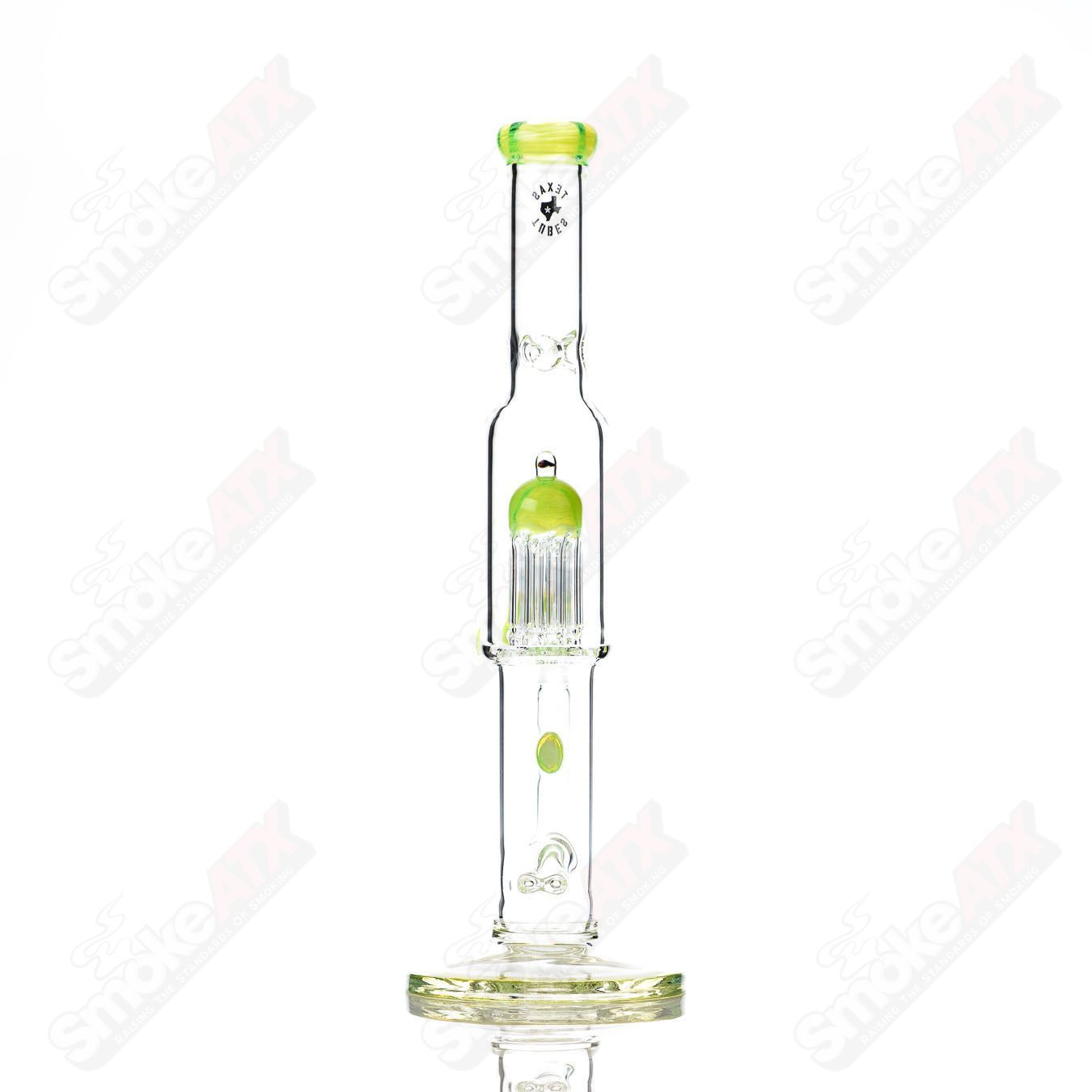 16-inch Texas Tubes glass straight tube with 18mm dual stemline and 8-arm green Slyme design.