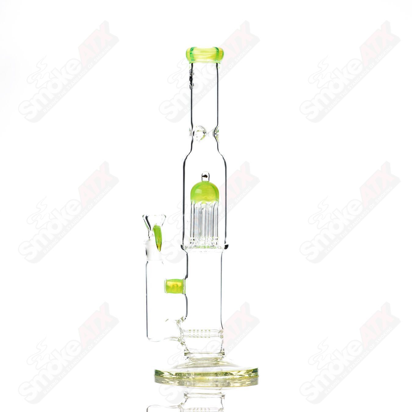 16-inch Texas Tubes glass straight tube with 18mm dual stemline and 8-arm green Slyme design.