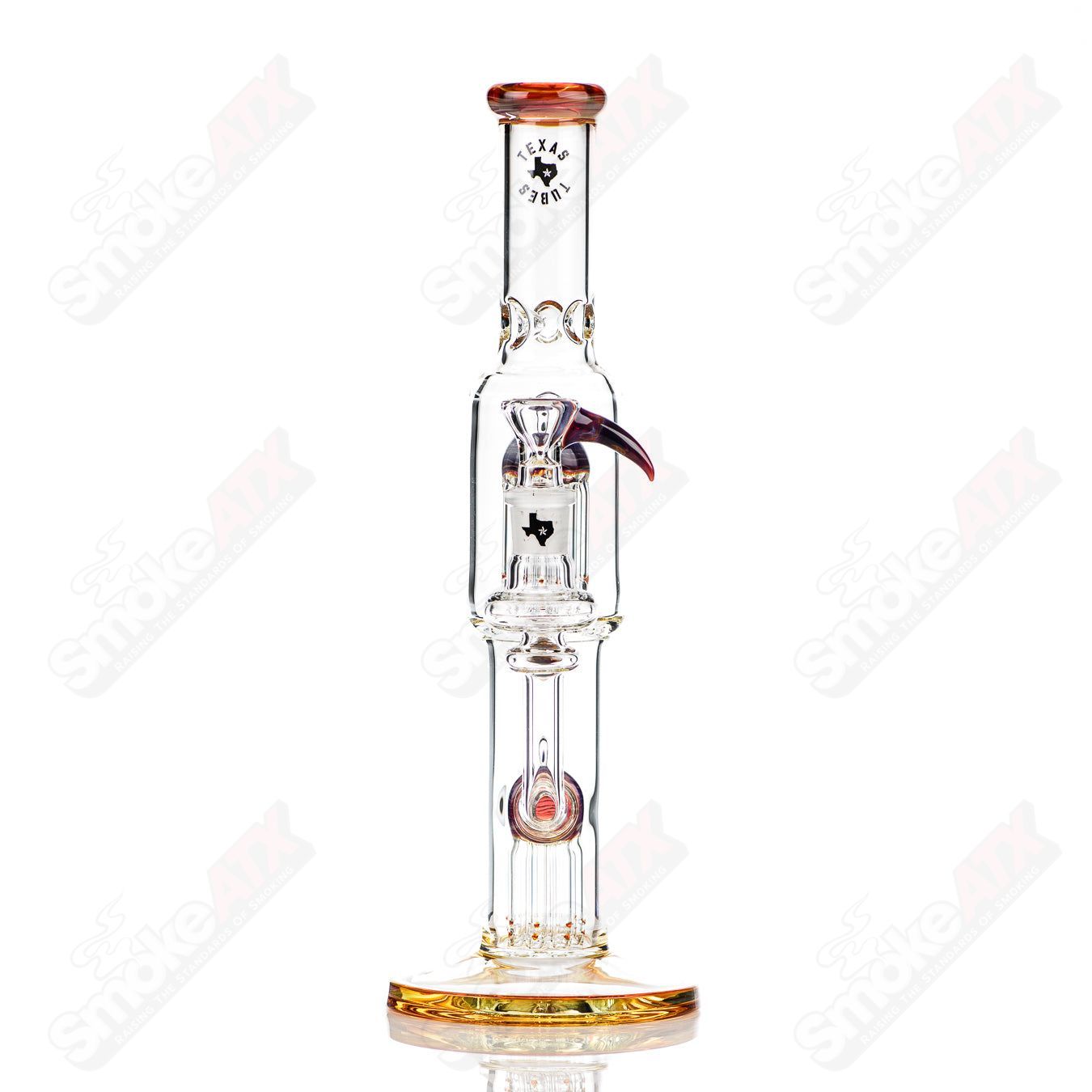 16-inch Texas Tubes twin 8-arm glass straight tube in amber and purple with 18mm diameter and 8-arm design.