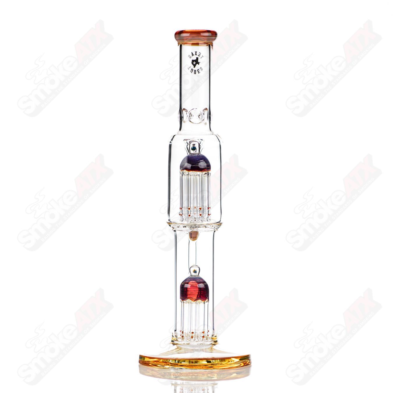 16-inch 18mm Texas Tubes straight glass twin 8-arm bong with amber and purple accents, featuring a sleek design and multiple arm percolators.