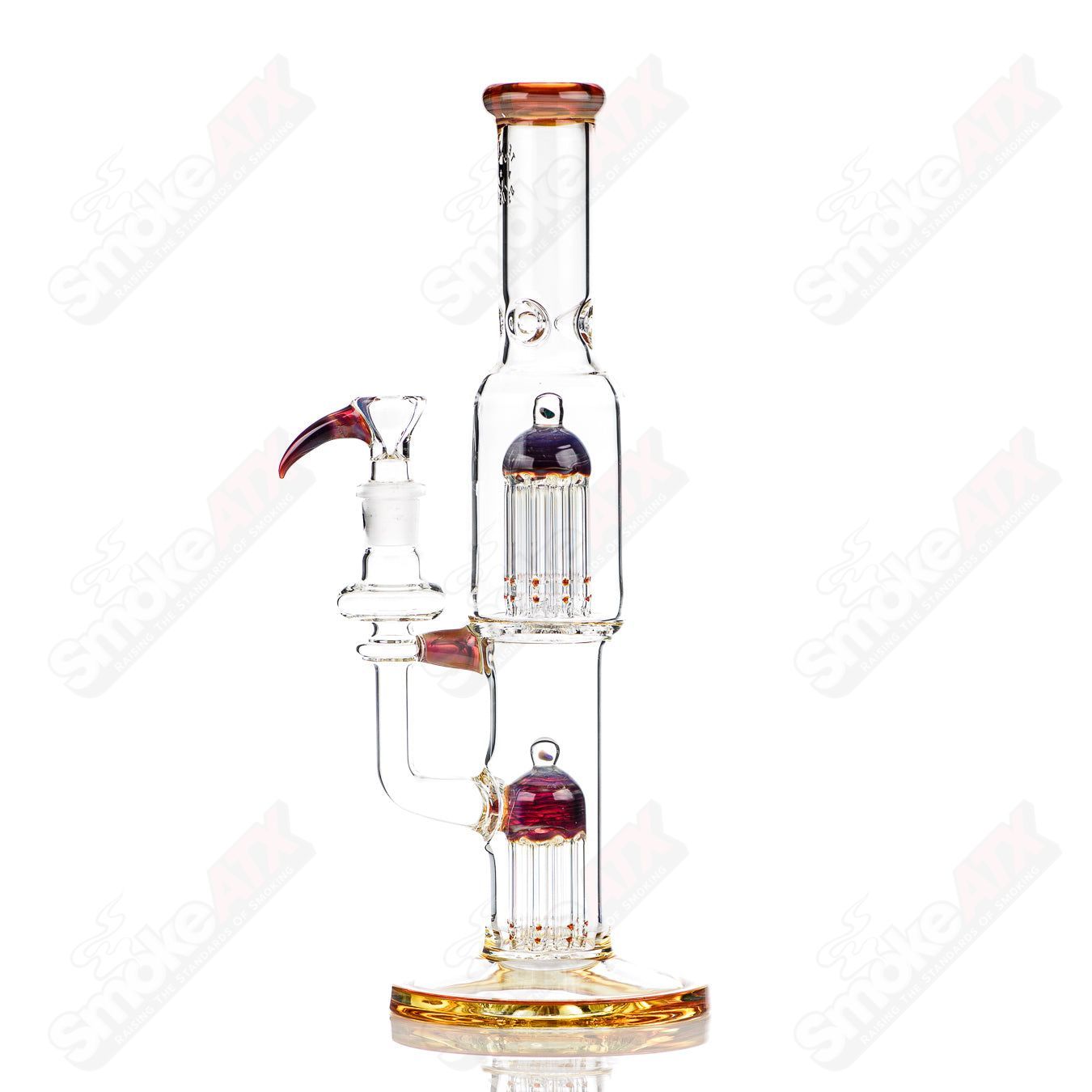 16-inch Texas Tubes 18mm twin 8-arm straight glass tube in Amber Purple with intricate design and clear glass finish.