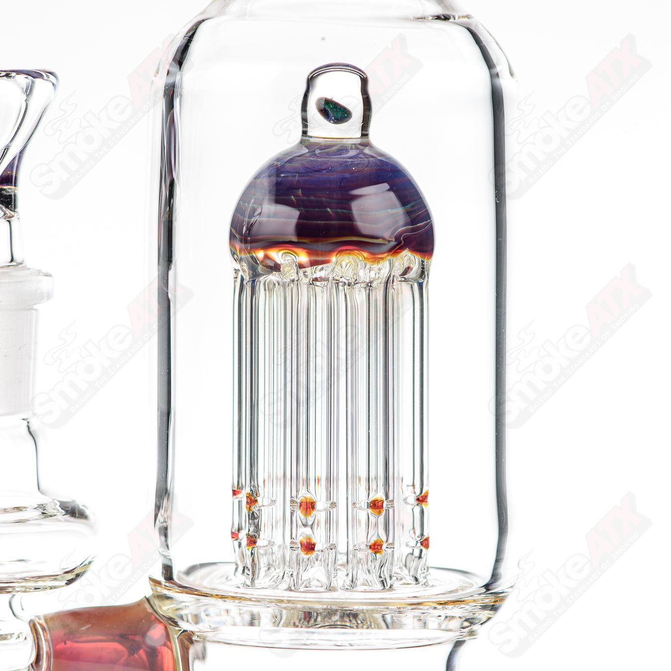 16-inch Texas Tubes glass straight tube with 18mm twin 8-arm design in amber and purple, featuring a sleek, modern appearance.
