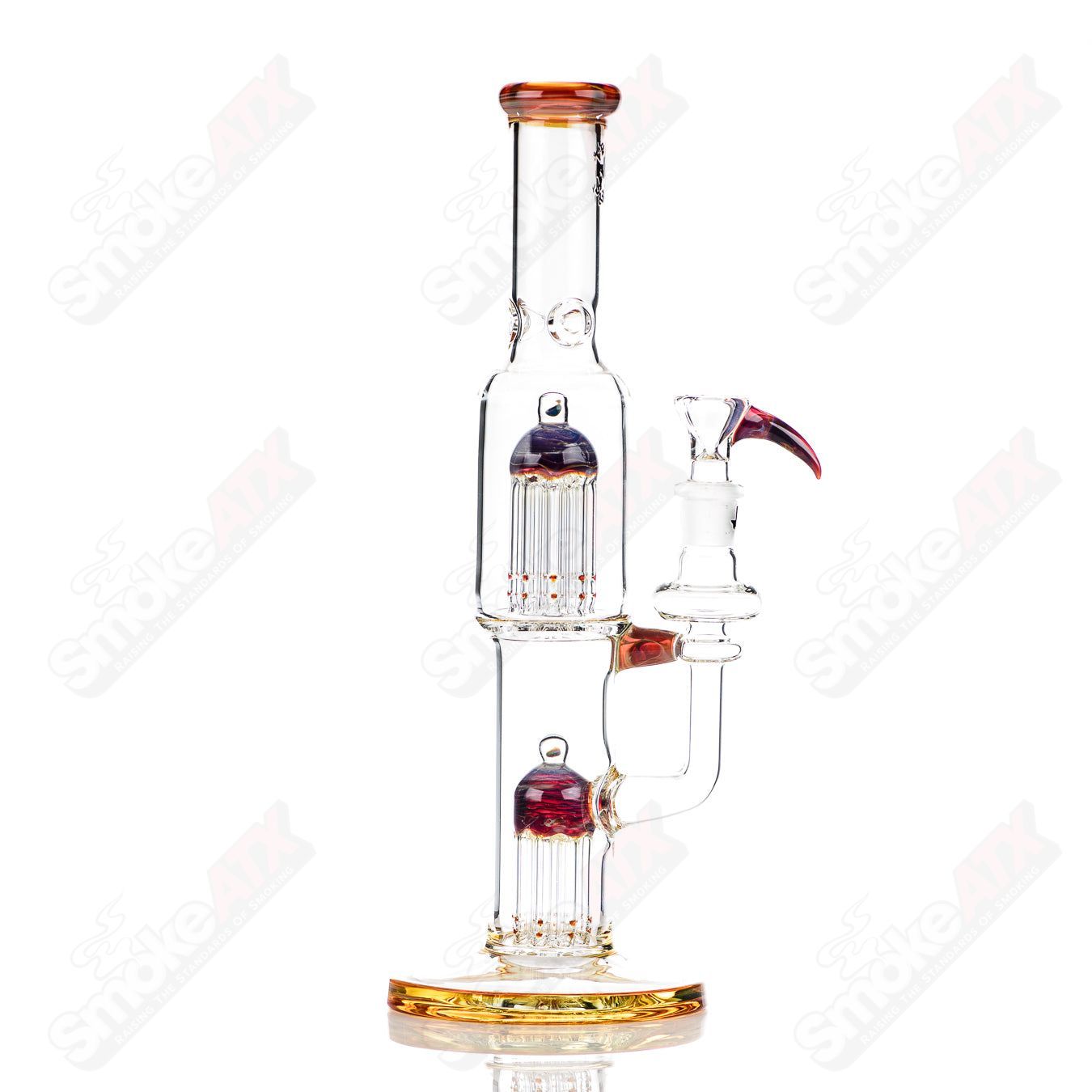 16-inch Texas Tubes glass straight tube with 8-arm twin design in amber and purple, 18mm diameter.