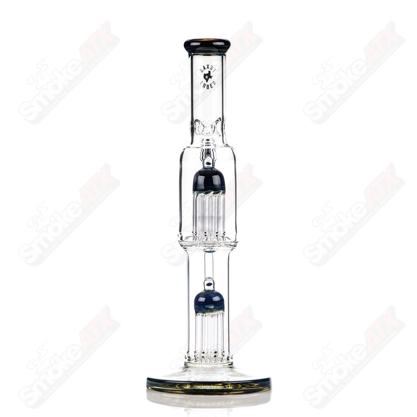 16-inch Texas Tubes blue-green twin 8-arm glass straight tube with 18mm diameter and intricate arm design.