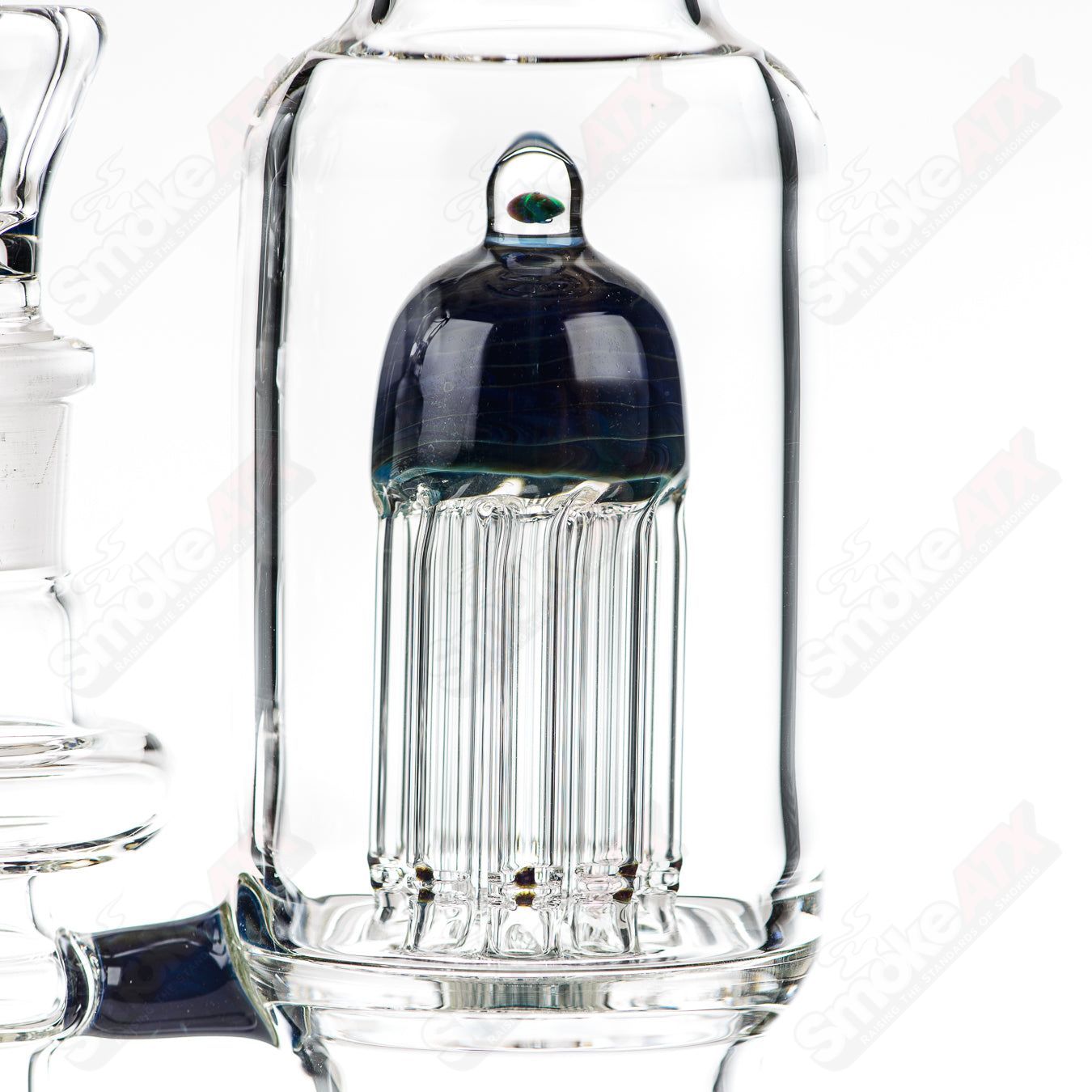 16-inch Texas Tubes glass straight twin 8-arm tube in blue-green with 18mm diameter and intricate arm design.