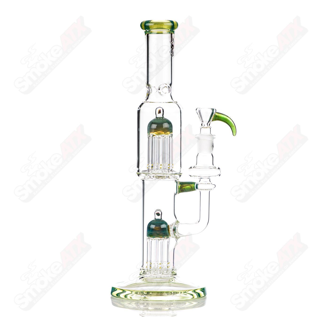 16-inch Texas Tubes glass straight tube with 18mm twin 8-arm Green Energy design, featuring vibrant green accents and intricate arm details.