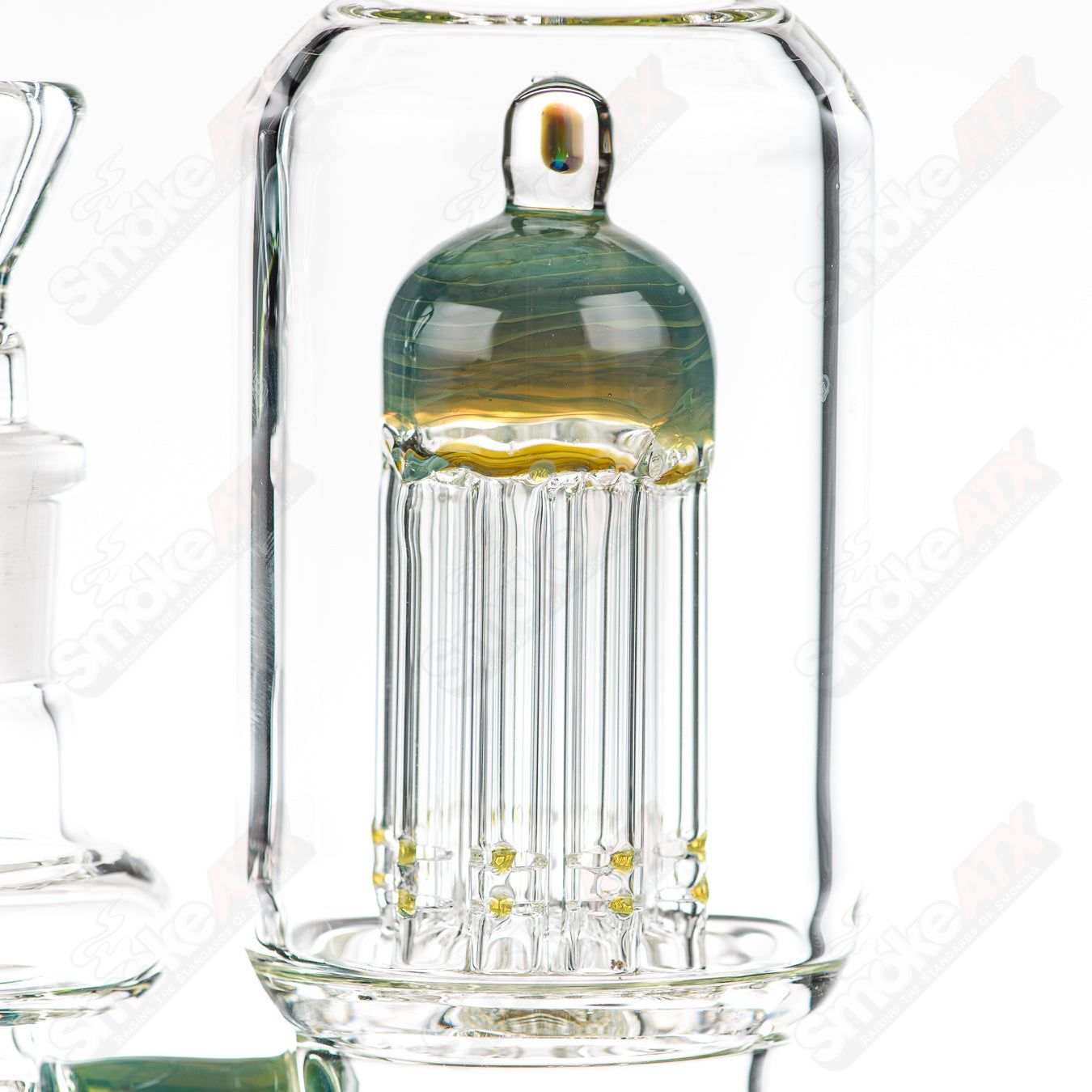 16-inch Texas Tubes Green Energy 8-arm twin 18mm glass straight tube with dual chambers and intricate design.