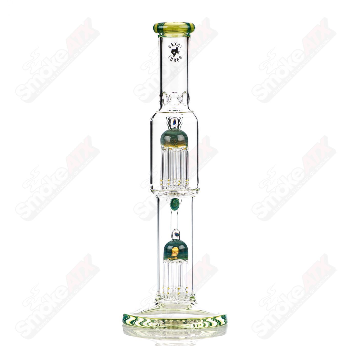 16-inch Texas Tubes Green Energy 18mm twin 8-arm glass straight tube for smoking, featuring a vibrant green design and multiple arm attachments.