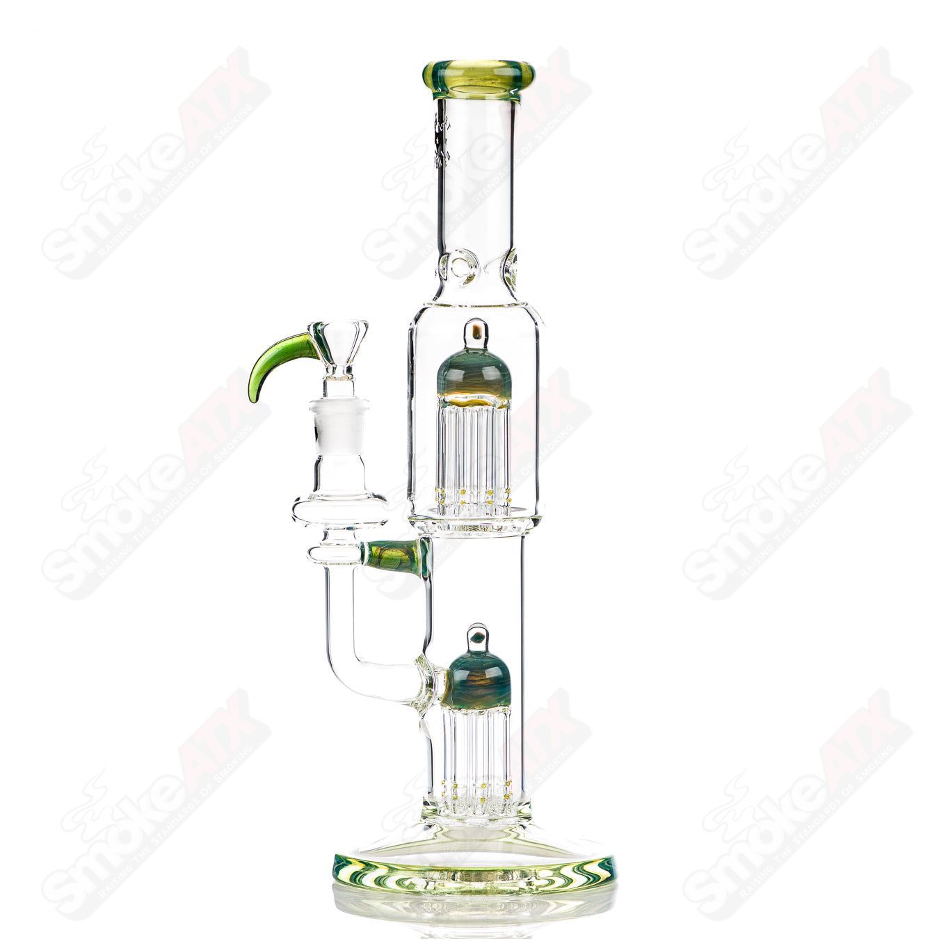 16-inch Texas Tubes Green Energy twin 8-arm glass straight tube with 18mm diameter for smoking or vaporizing experiences.