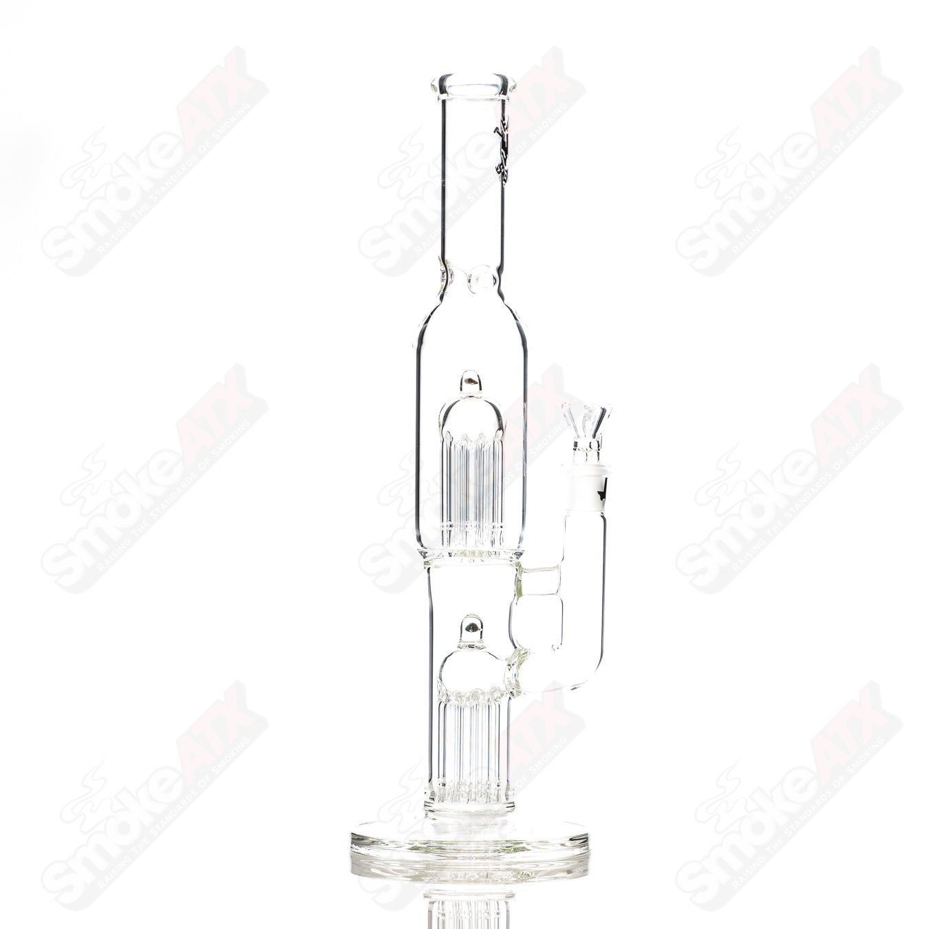 16-inch Texas Tubes glass twin 8-arm straight tube with 18mm diameter, featuring intricate arm design and clear glass construction.