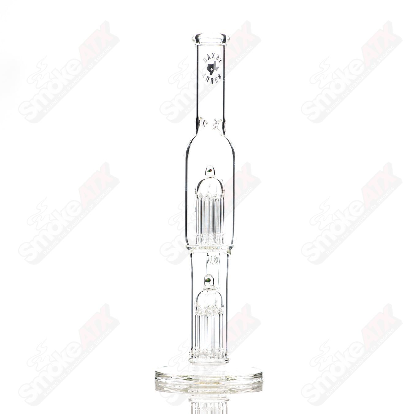 16-inch Texas Tubes glass straight tubes with 18mm twin 8-arm design, featuring multiple percolators for smooth filtration.