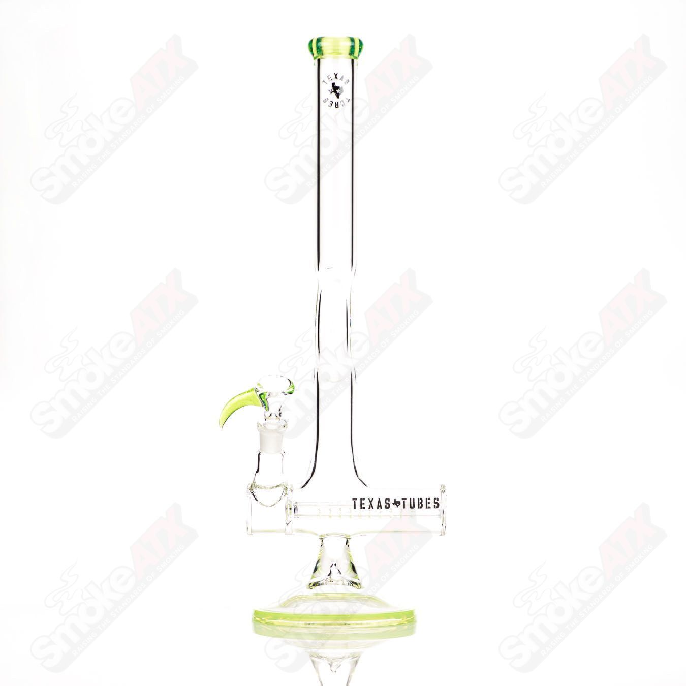 17-inch glass inline Texas Tube with 14mm Slyme design, straight tube style by Texas Tubes, showcasing vibrant green and purple accents.