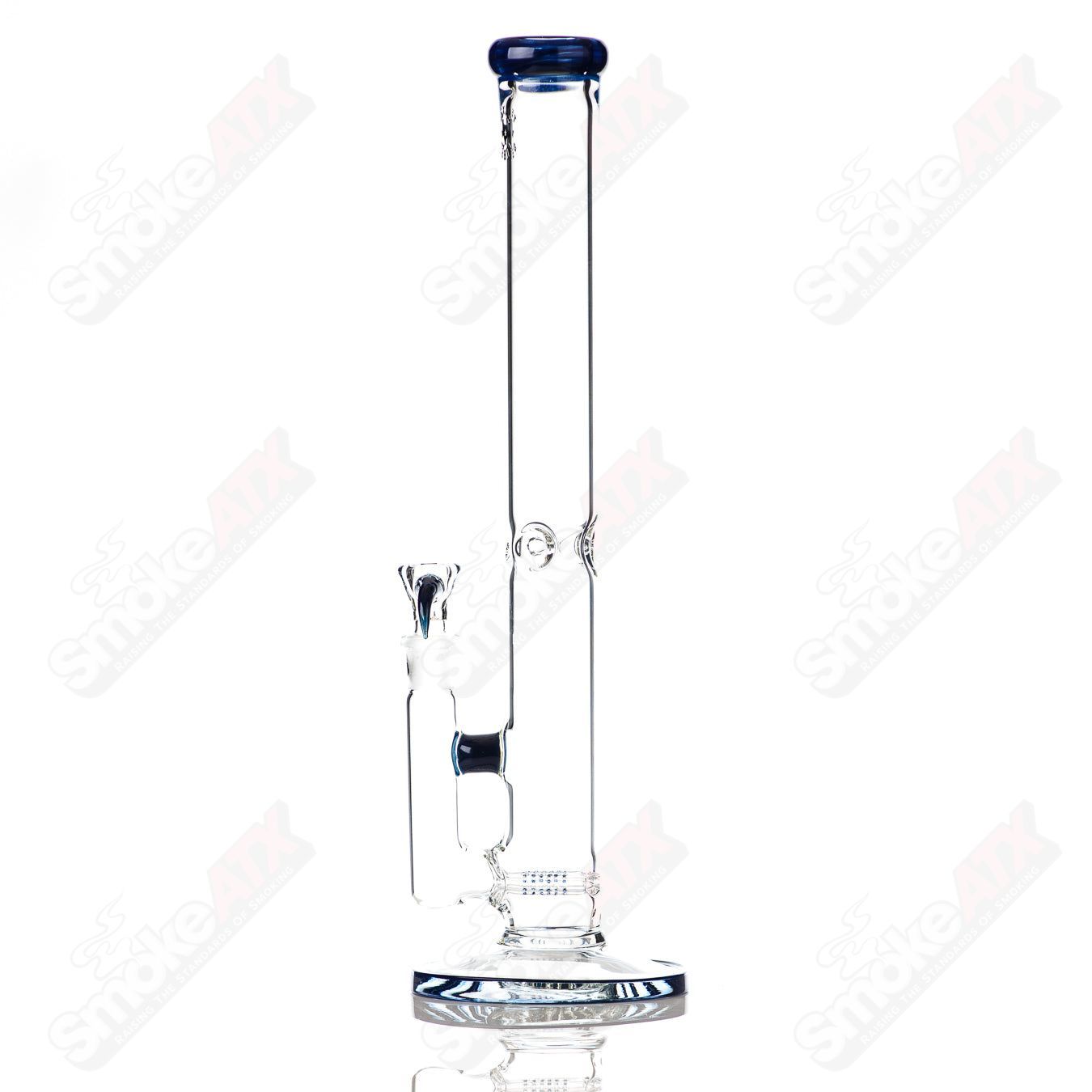 17-inch blue Texas Tubes glass waterpipe with dual stemline design and 18mm joint for smooth smoking experience.