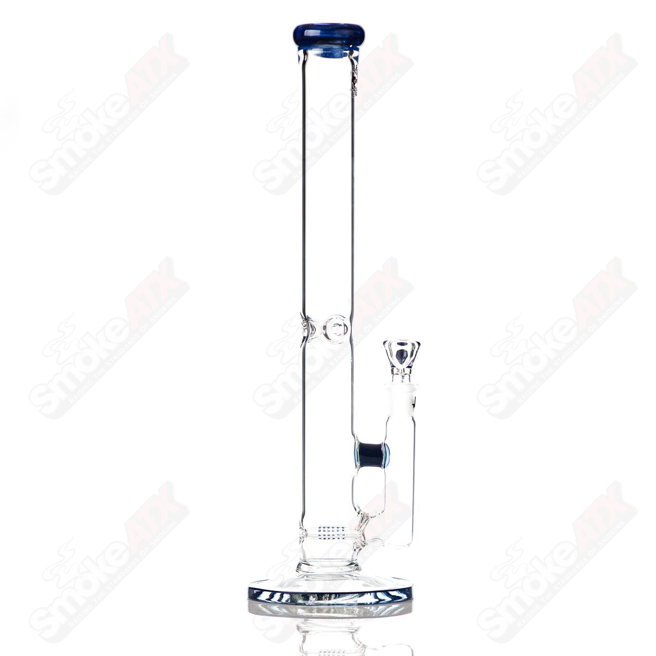 17-inch blue Texas Tubes glass waterpipe with dual stemline design and 18mm joint, featuring vibrant blue accents.