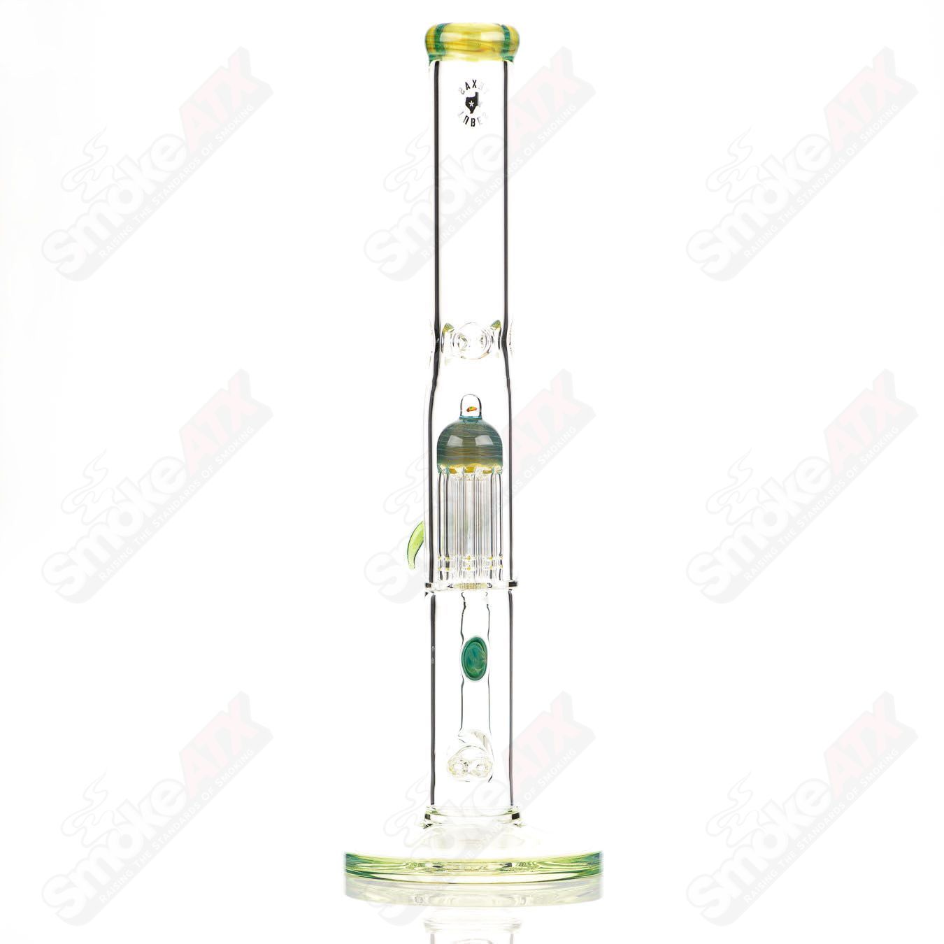 17-inch Texas Tubes dual stemline to 8-arm green energy glass straight tube with 18mm joint, vibrant green color and intricate design.