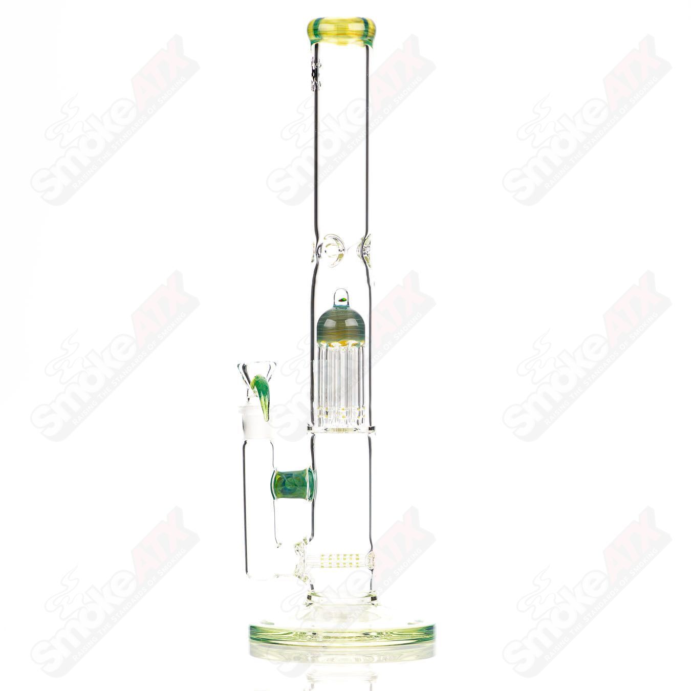 17-inch Texas Tubes glass dual-stemline to 8-arm green energy straight tube with 18mm joint and intricate design.