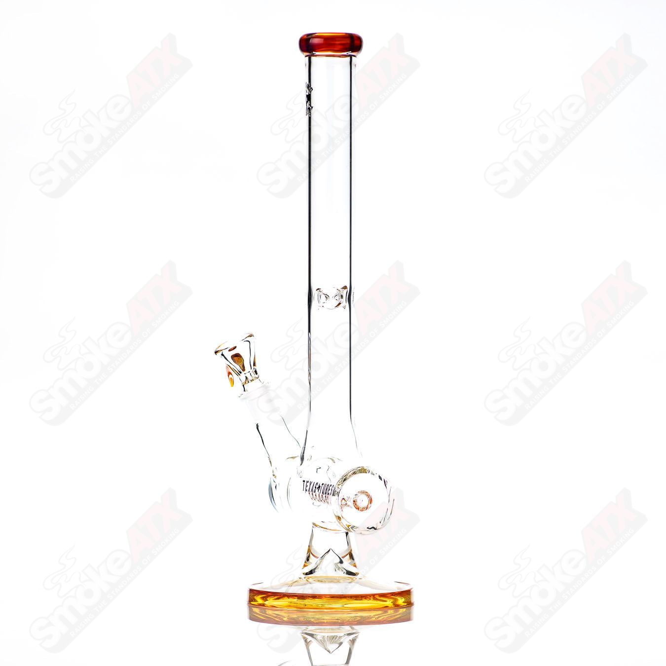 17-inch Texas Tubes glass waterpipe with amber purple inline percolator and 18mm joint for smooth filtration.