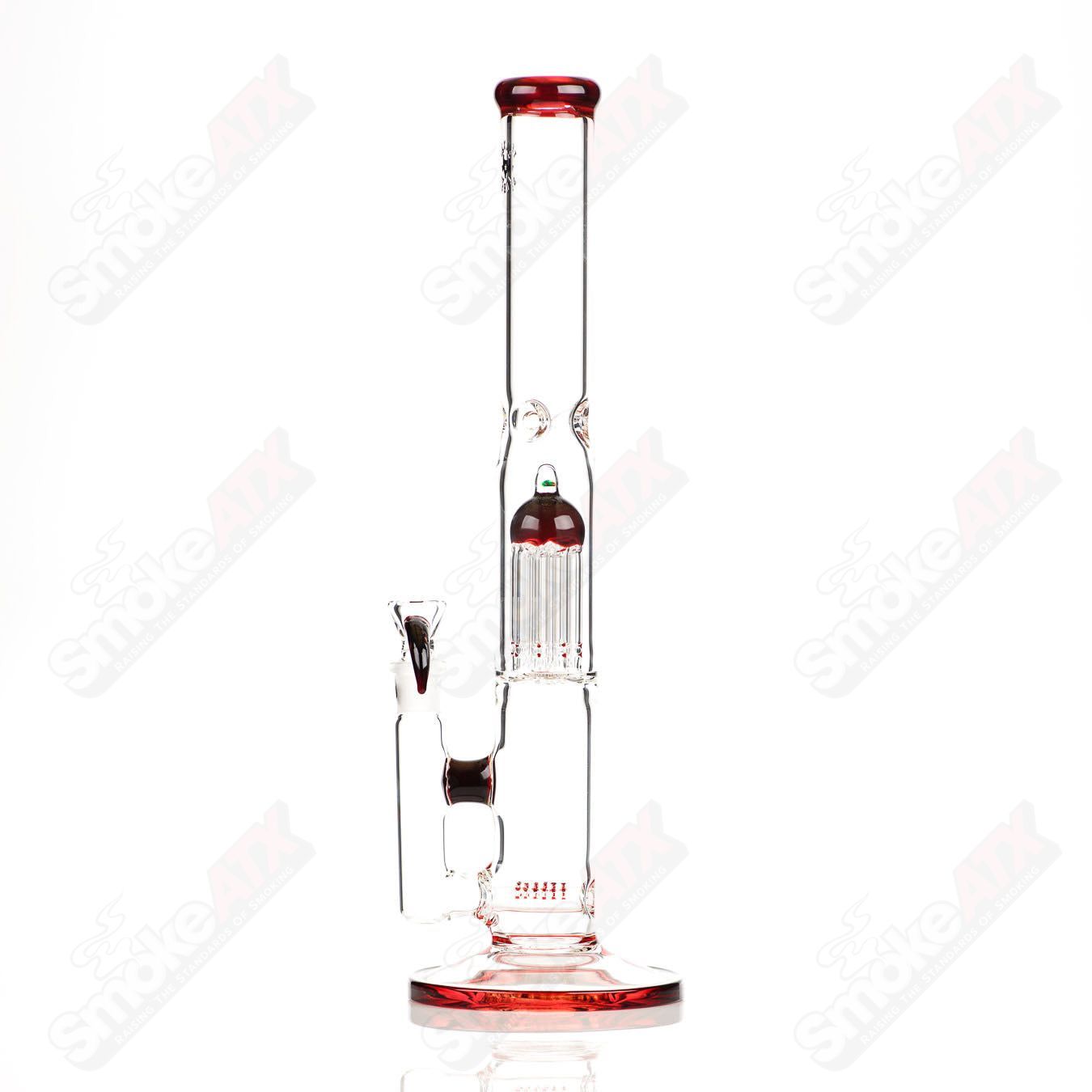 17-inch Texas Tubes glass straight tube with 8-arm Red Elvis stemline to 18mm joint, featuring intricate glasswork and vibrant red accents.