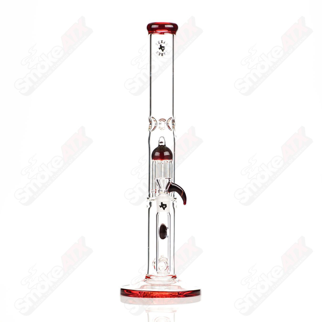 17-inch Texas Tubes glass straight tube with 8-arm Red Elvis stemline to 18mm joint, featuring intricate red and clear glass design.