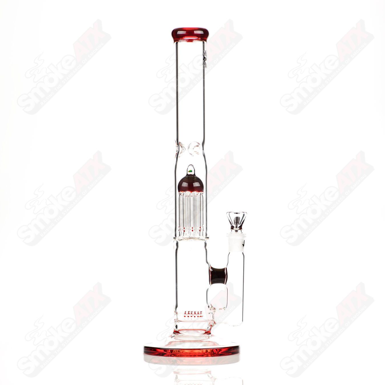 17-inch Texas Tubes glass straight tube with 8-arm Red Elvis Stemline to 18mm joint, featuring a colorful design and intricate glasswork.