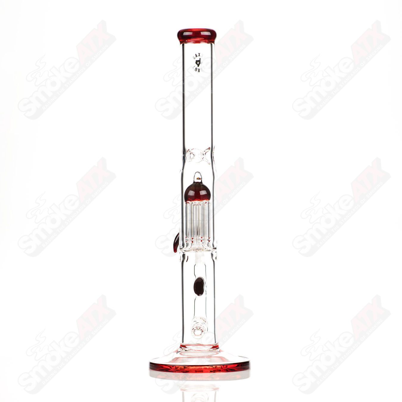17-inch Texas Tubes glass straight tube with 18mm stemline and 8-arm red Elvis design for smoking or vaporization.