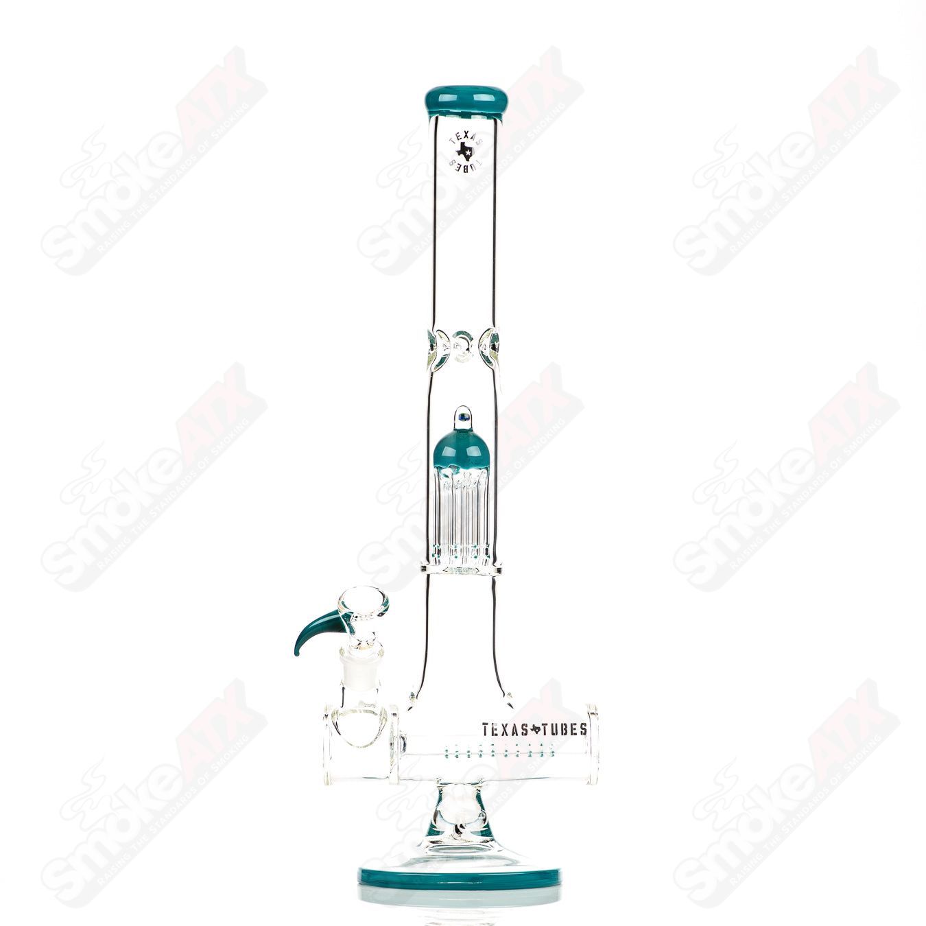 18-inch Texas Tubes glass inline to 8-arm water pipe with 18mm diameter in aqua azul color, straight tube design.