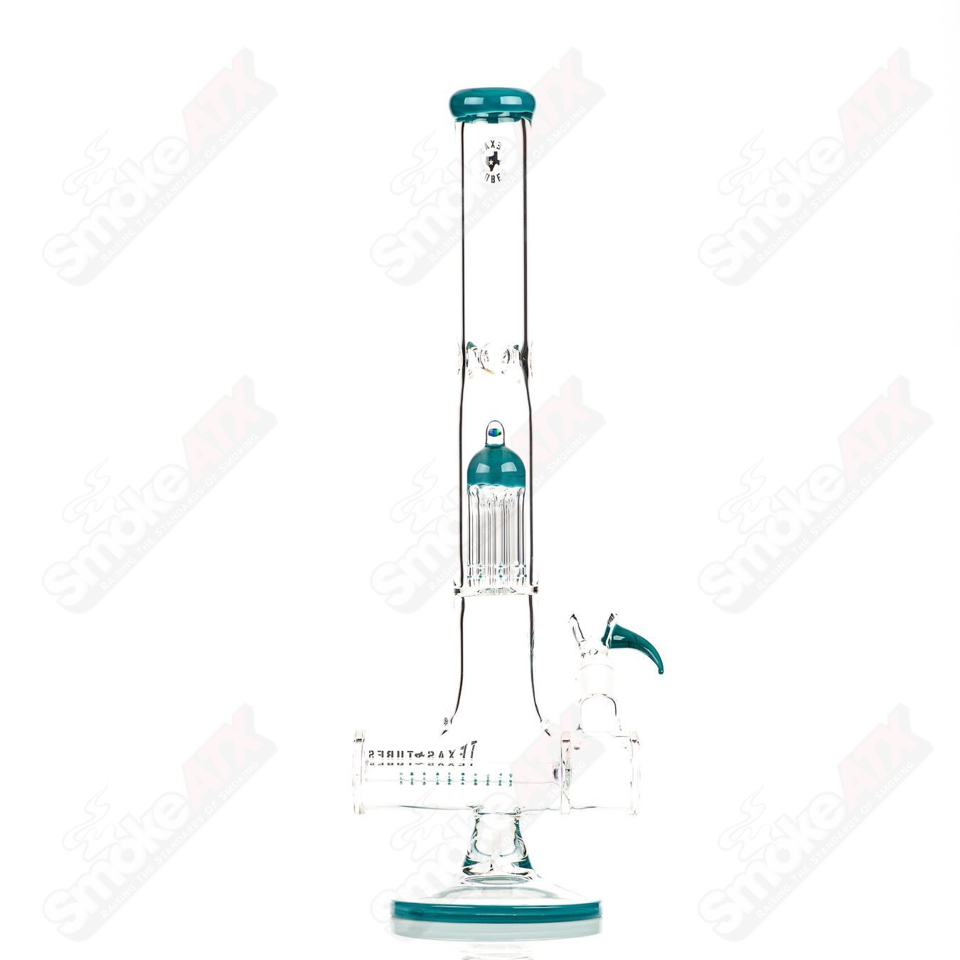 18-inch Texas Tubes inline to 8-arm aqua azul glass straight tube for water pipes, with clear glass and detailed design.