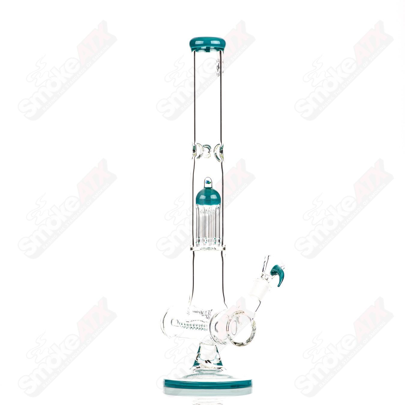 18-inch Texas Tubes glass inline to 8-arm water pipe with aqua azul color, 18mm diameter, straight tube design.