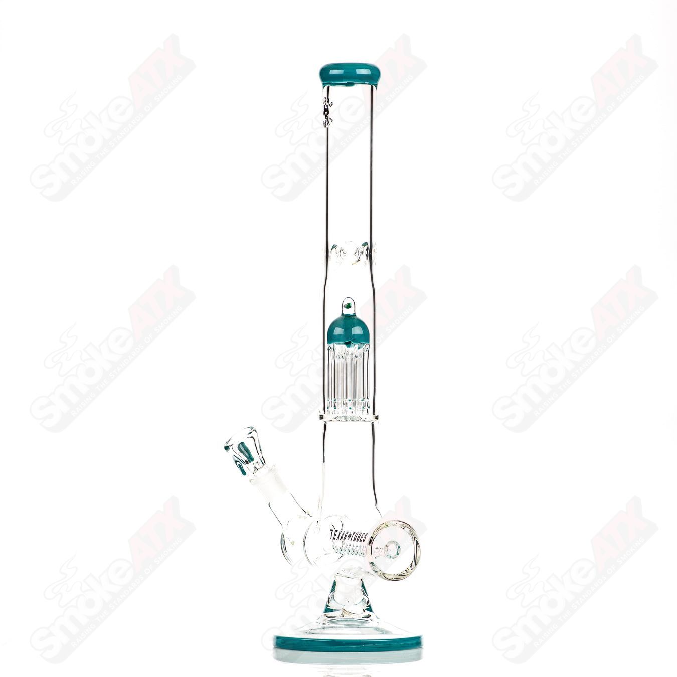 18-inch Texas Tubes glass inline to 8-arm water pipe with 18mm joint in aqua azul color, straight tube design.