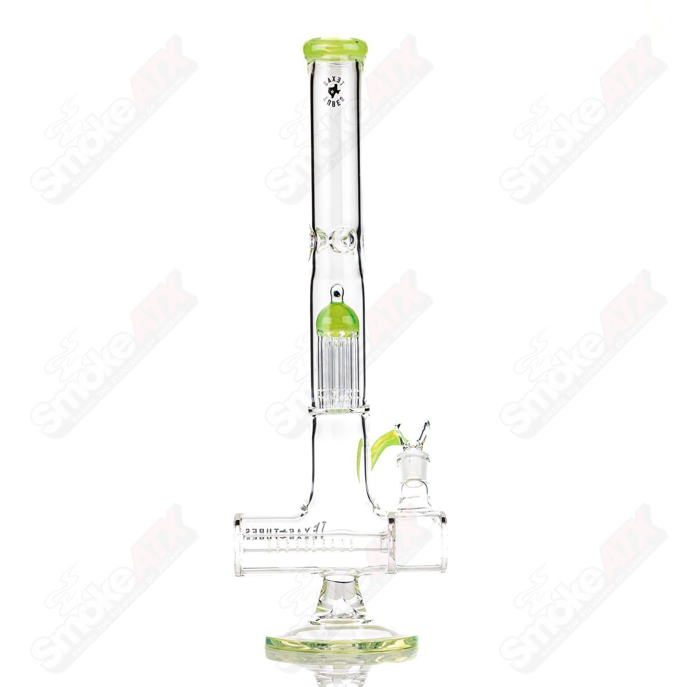 18-inch green Slyme Texas Tubes inline to 8-arm glass straight tube with 18mm diameter, detailed design visible.