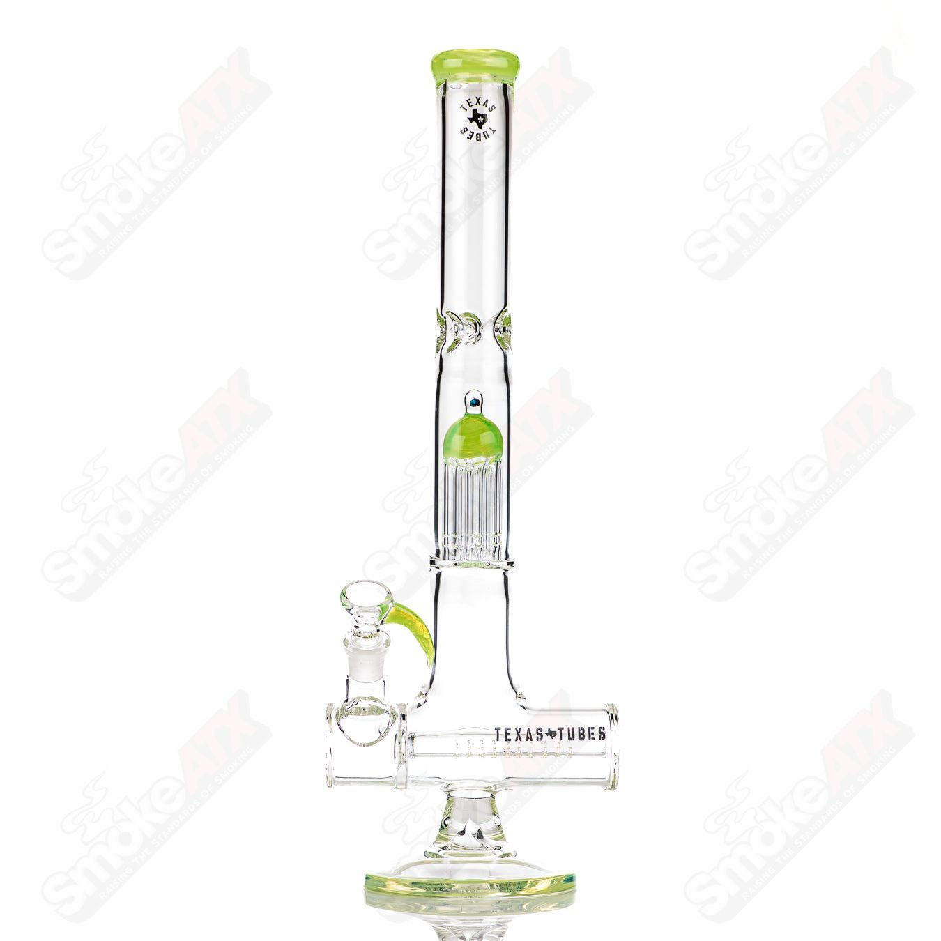 18-inch Texas Tubes glass inline to 8-arm green Slyme straight tube with 18mm diameter and colorful design.