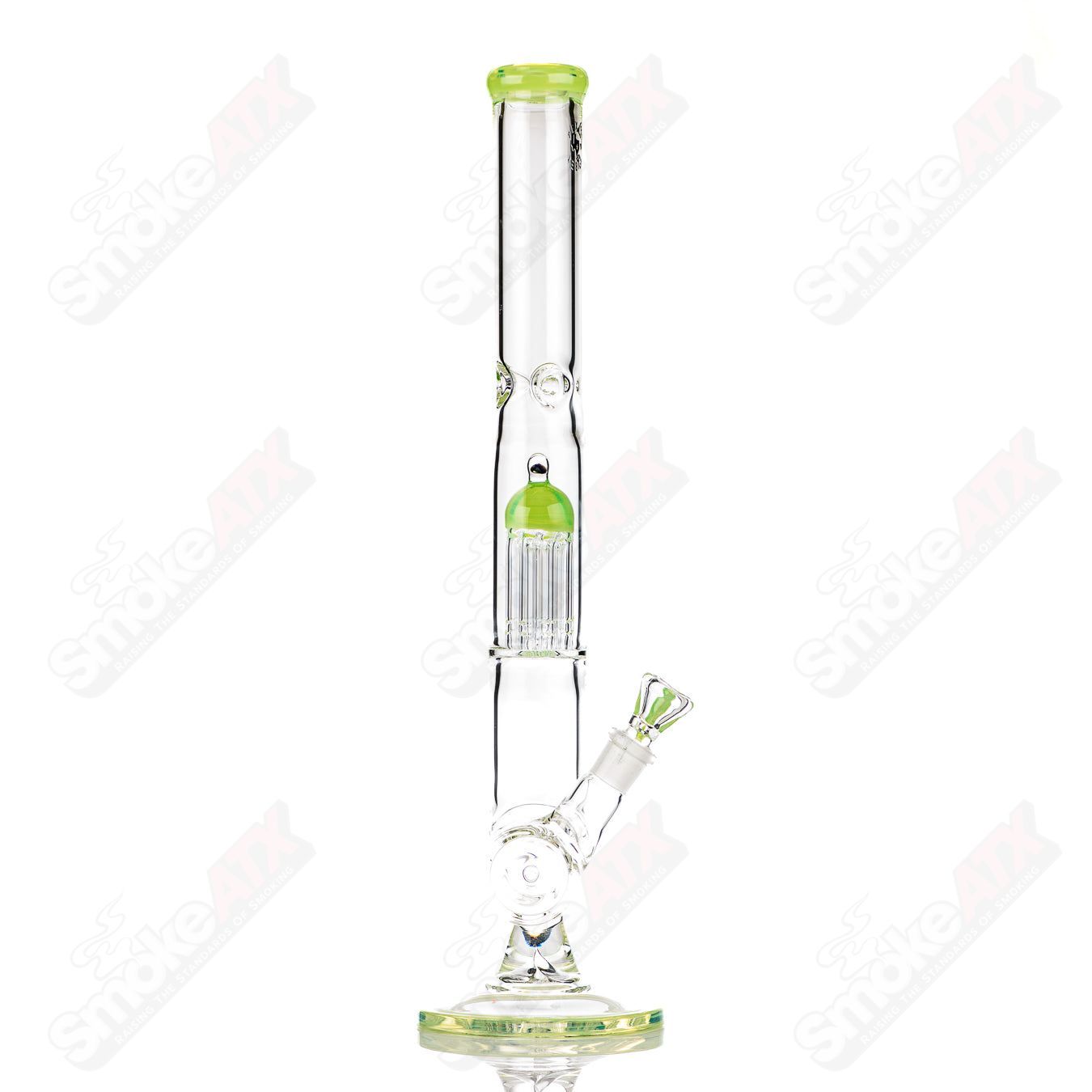 18-inch Texas Tubes glass inline to 8-arm perc tube in green Slyme color, featuring a straight design and 18mm joint.