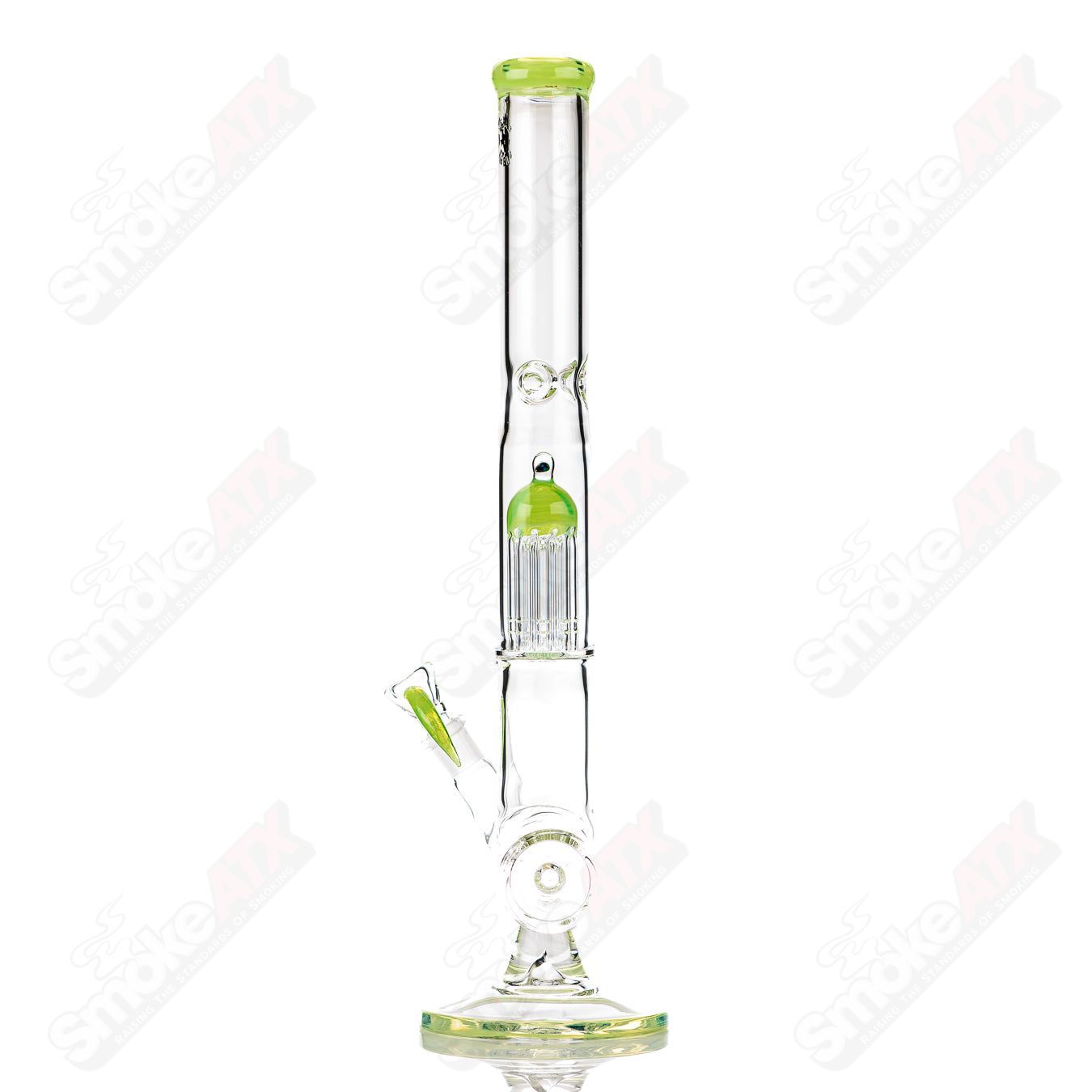 18-inch Texas Tubes glass inline to 8-arm percolator straight tube in green Slyme color, 18mm joint.