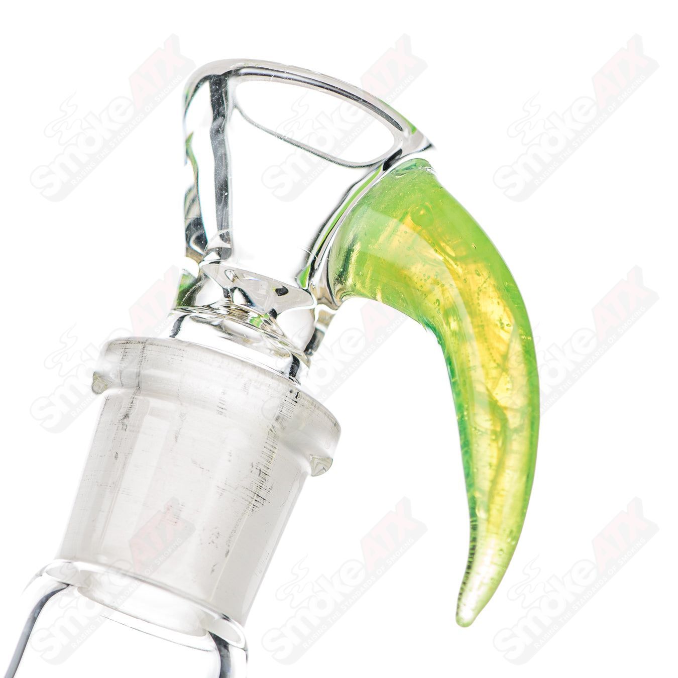 18-inch Texas Tubes glass inline to 8-arm green Slyme straight tube with 18mm diameter, showcasing intricate glass design.