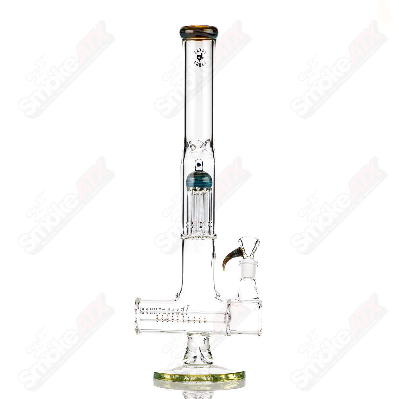 18-inch Texas Tubes glass inline to 8-arm bong with mystery adventurine color, featuring a straight tube design.