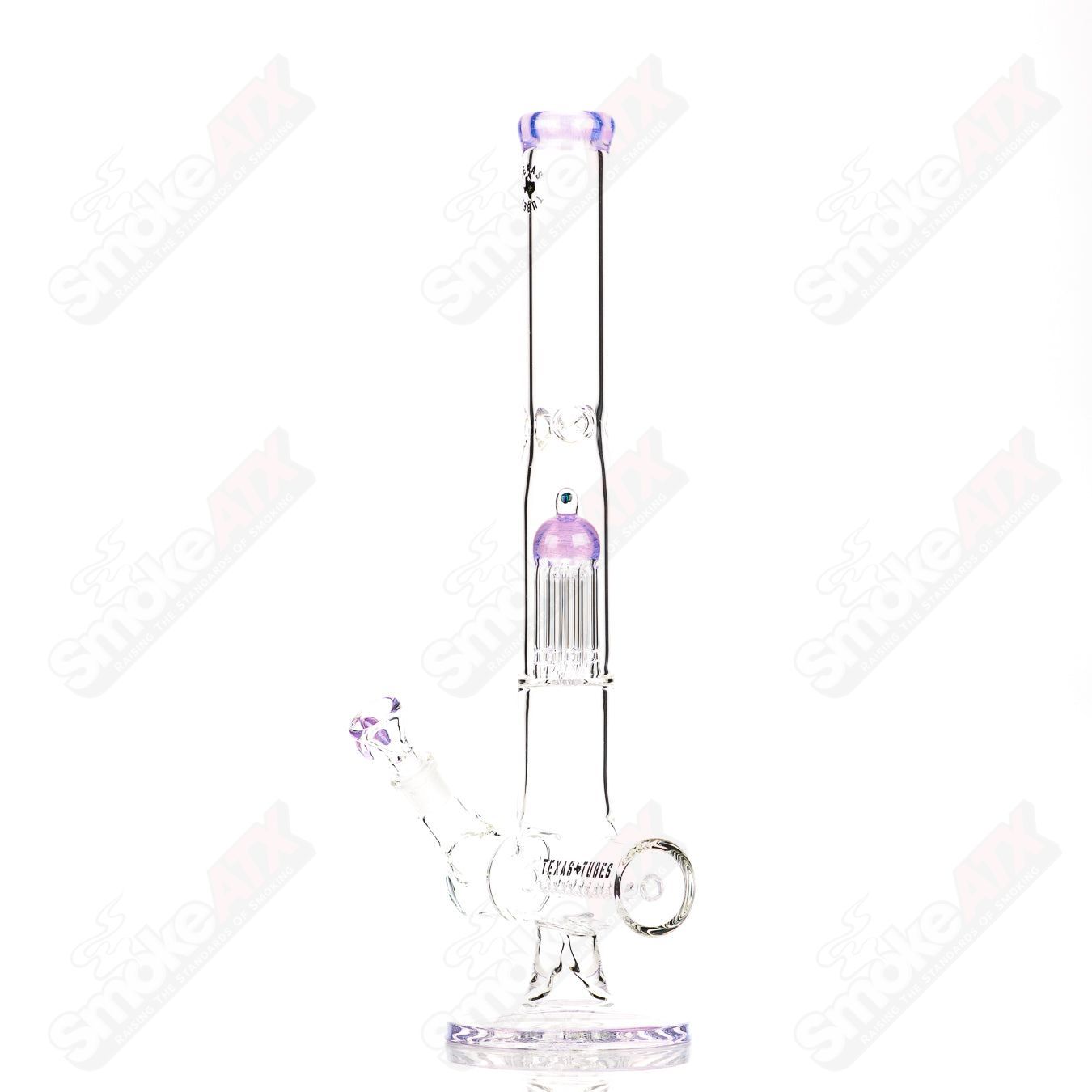 18-inch Texas Tubes glass inline to 8-arm bong with pink Slyme design, featuring 18mm diameter and straight tube construction.