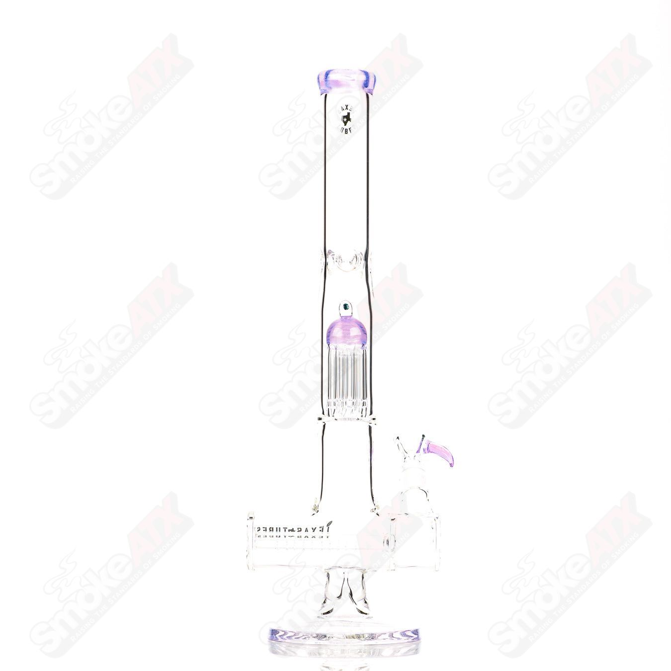 18-inch Texas Tubes glass inline to 8-arm pink Slyme straight tube with 18mm diameter, designed for smooth smoking experience.