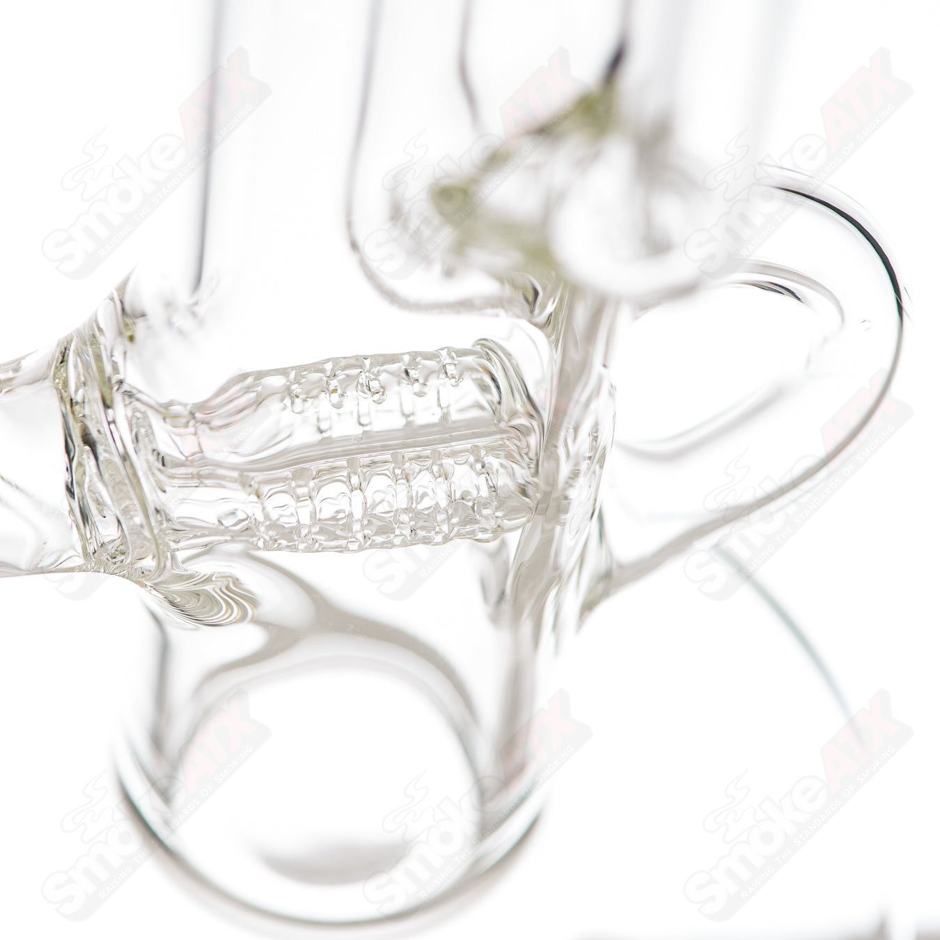 18-inch Texas Tubes Klein Recycler with twin 18mm uptake, clear glass and intricate recycler design.
