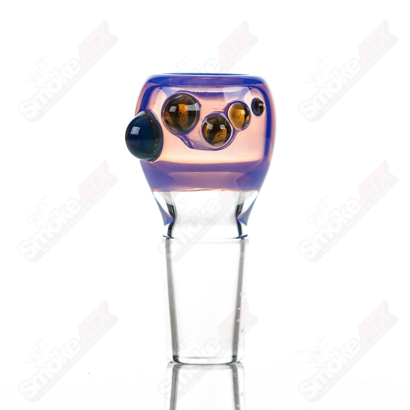 Colorful Dustorm Glass 18mm push slide bowl featuring vibrant full-color design and clear glass construction.