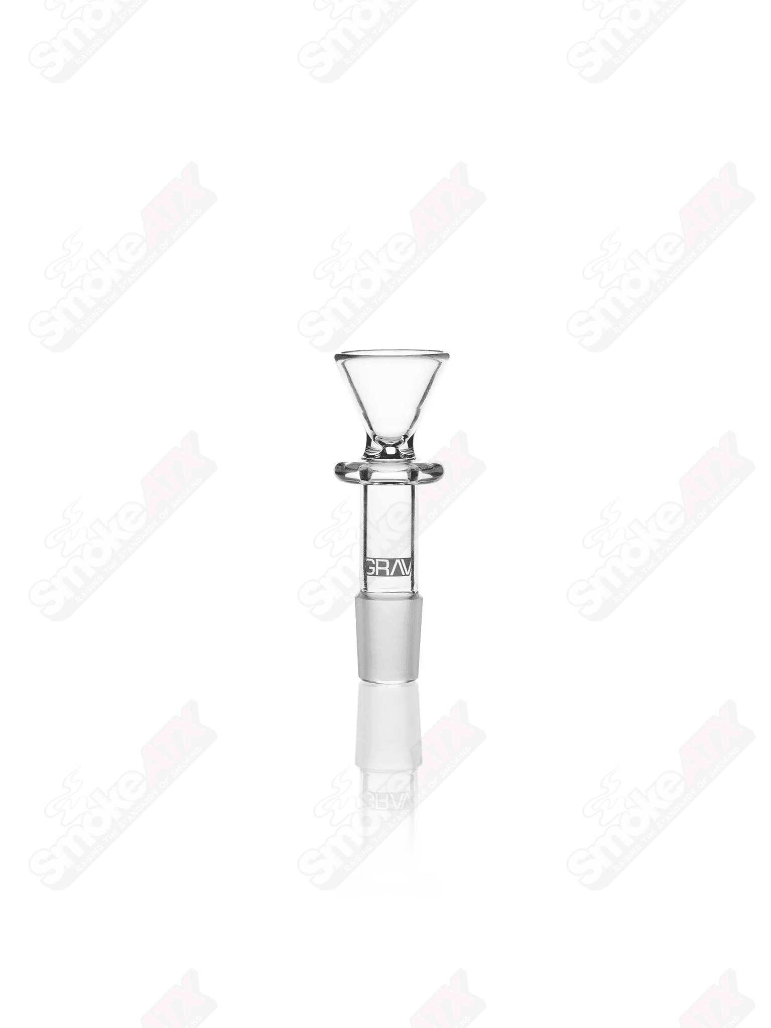 Clear glass Grav funnel bowls, 19mm size, featuring a smooth funnel shape and rounded edges for functional use.