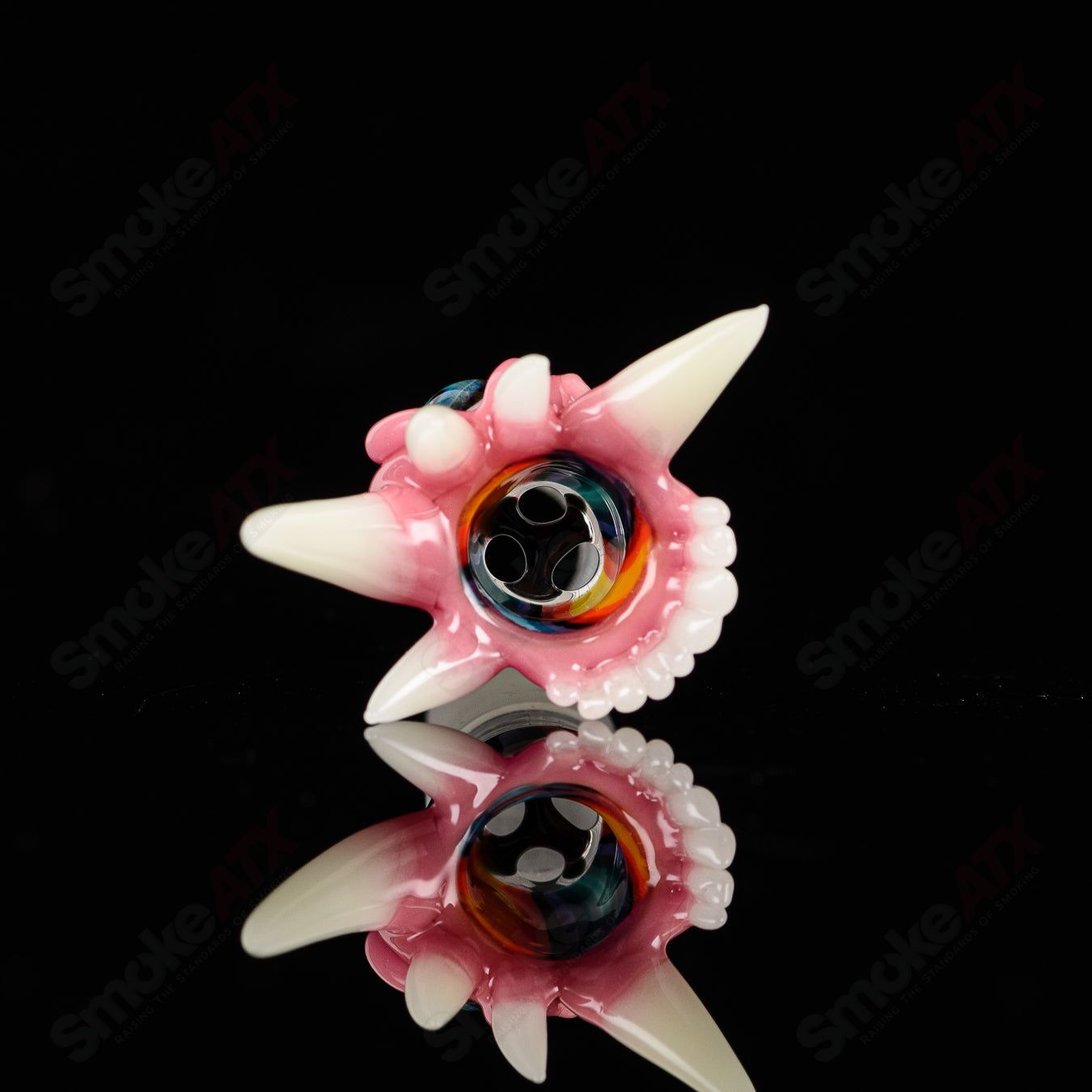 Salt Glass 19mm slide with 3 holes in blush, fire & ice, and line tubing design, designed for heady glass bowls.
