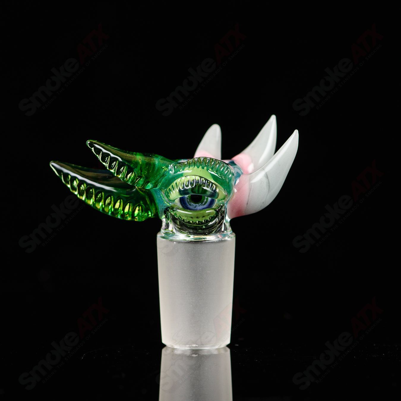 Salt Glass 19mm UV slide with 3-hole design in Plantphibian, Citrine, and Aqua Azul colors, featuring a heady glass bowl for smoking.