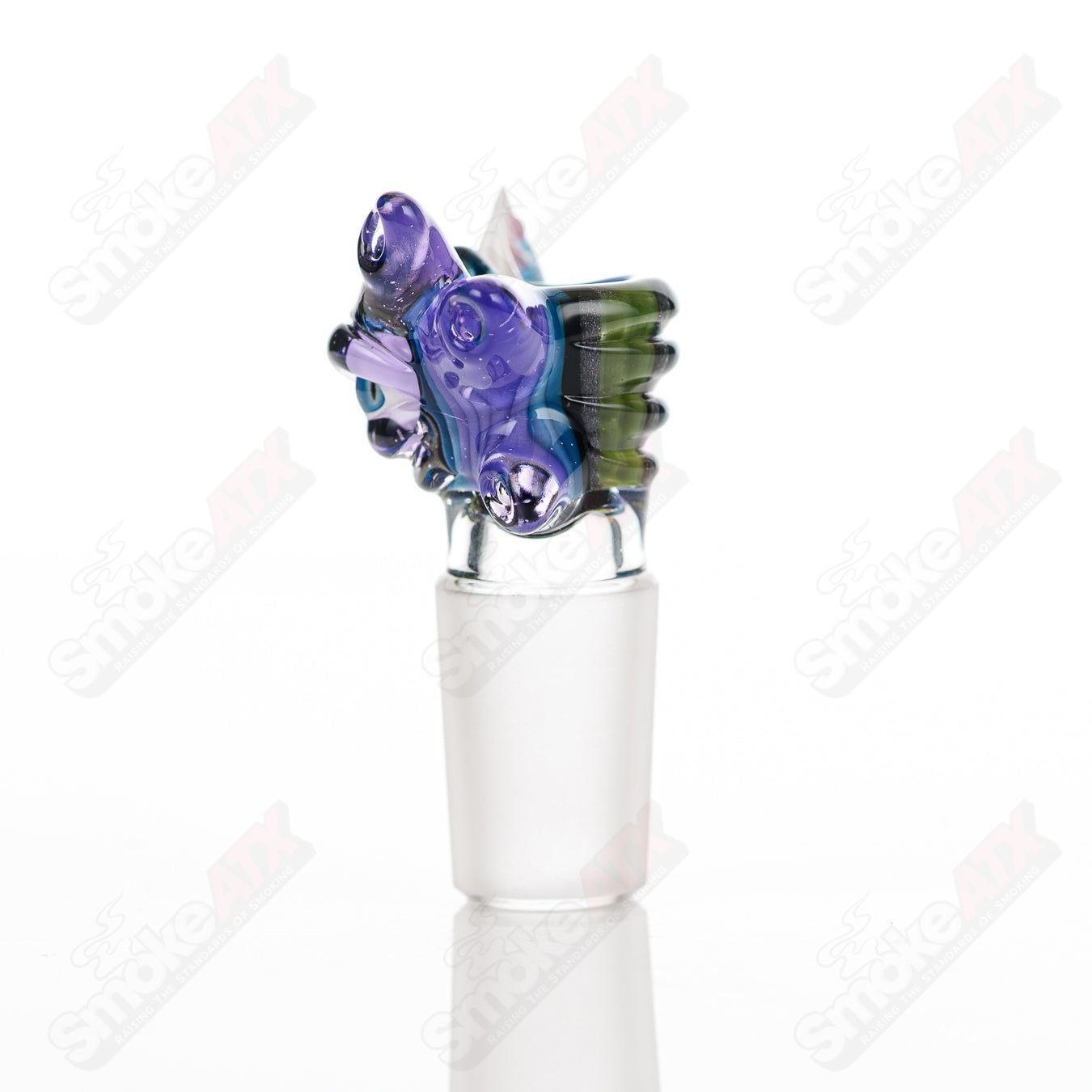 Salt Glass 19mm UV slide with 3 holes in purple rain, atomic stardust, green, purple, and blue linework tubing for heady glass bowls.
