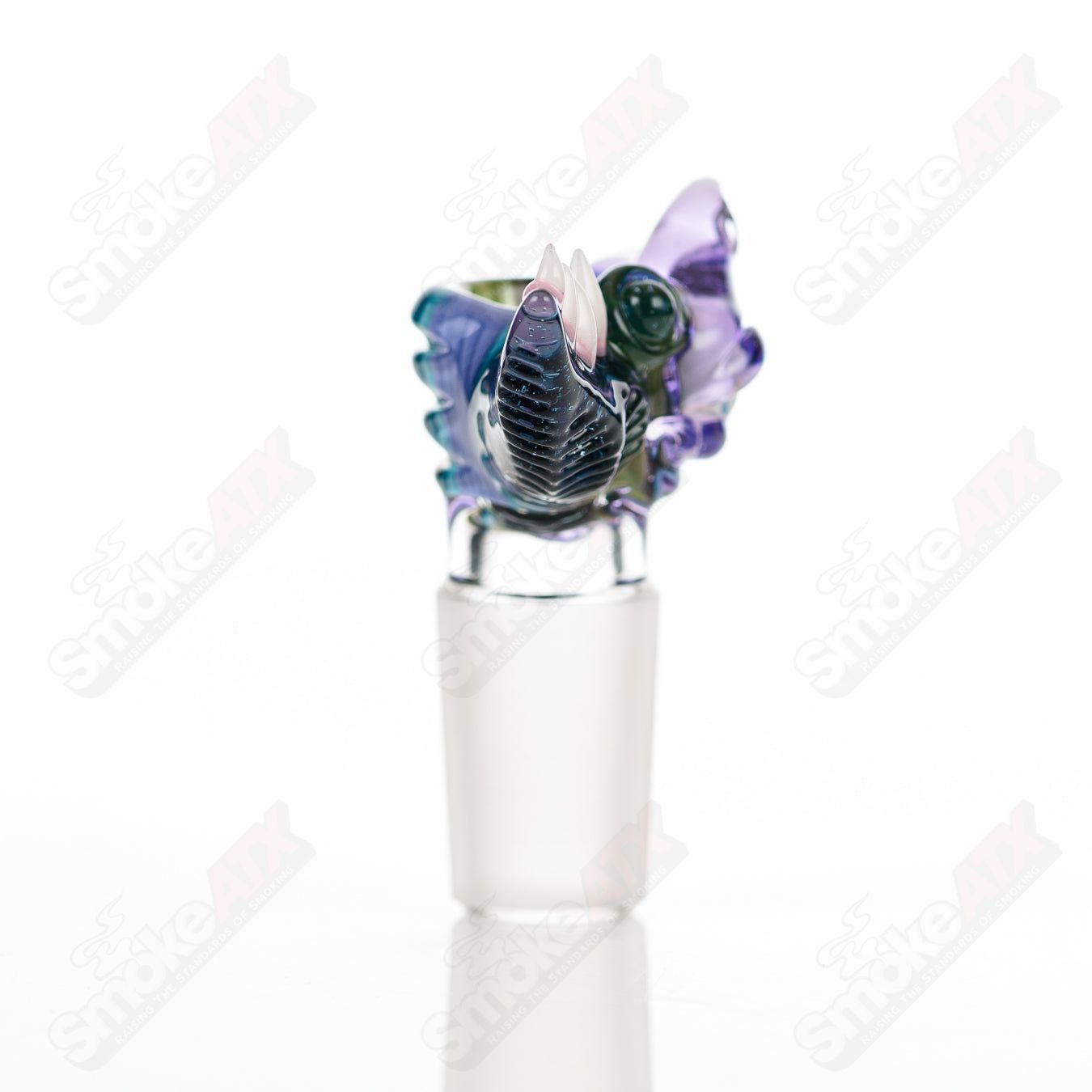 Salt Glass 19mm UV slide with 3 holes in purple rain, atomic stardust, green, purple, blue, and linework tubing, for heady glass bowls.