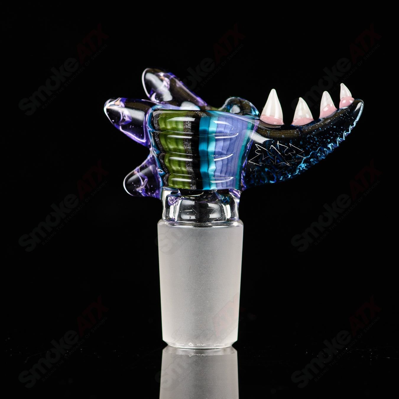 Salt Glass 19mm UV slide with 3 holes, featuring purple rain, atomic stardust, green, purple, blue, and linework tubing design.