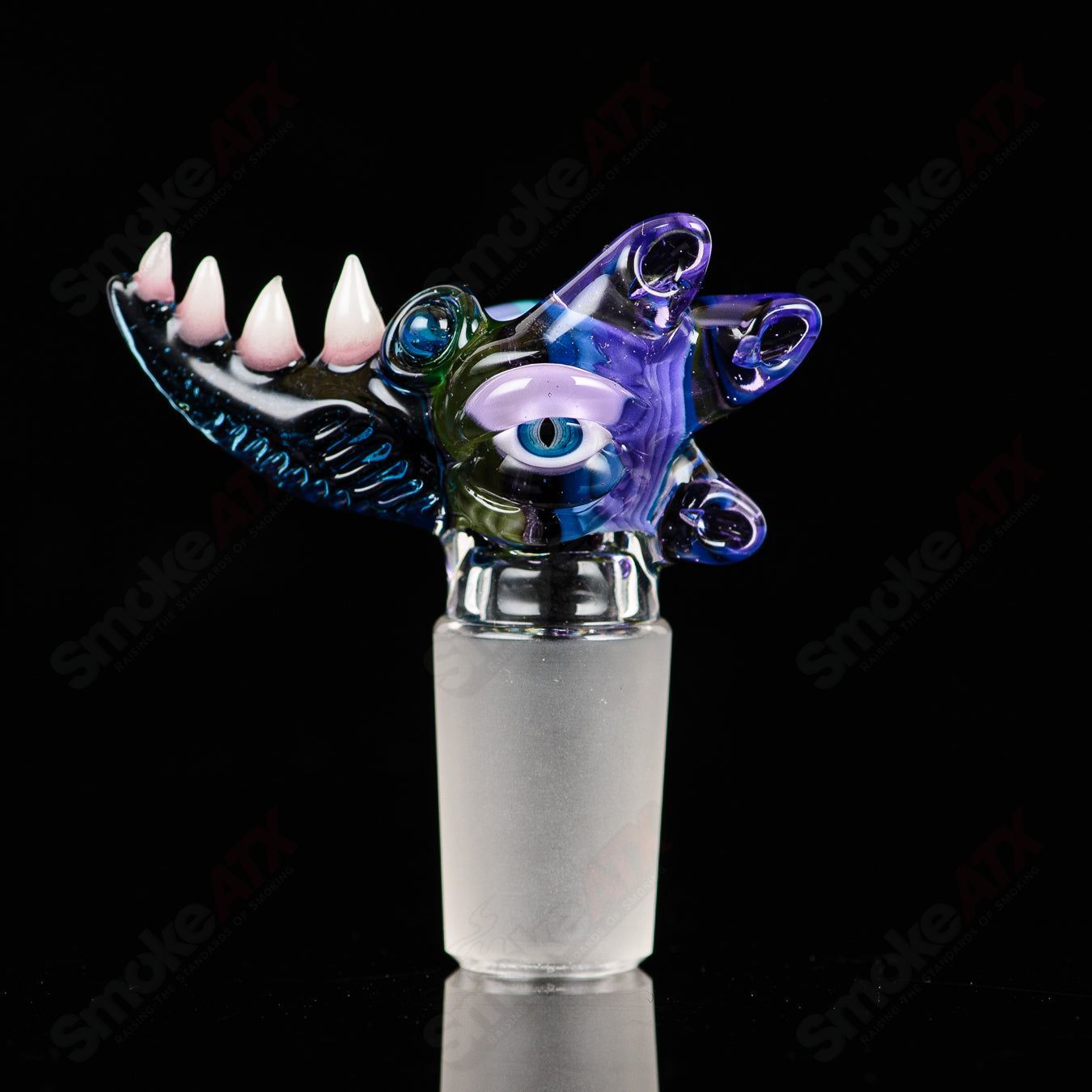 Salt Glass 19mm UV slide with 3 holes featuring purple rain, atomic stardust, green, purple, blue, and linework tubing design.