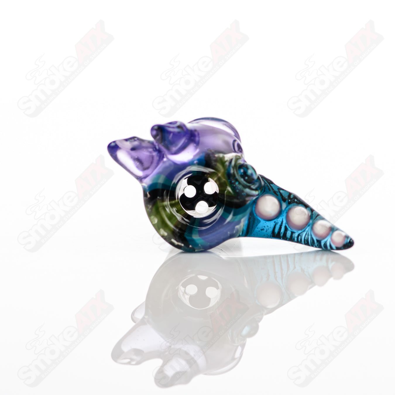 Salt Glass 19mm UV slide with 3 holes featuring purple rain, atomic stardust, green, purple, blue, and linework tubing.